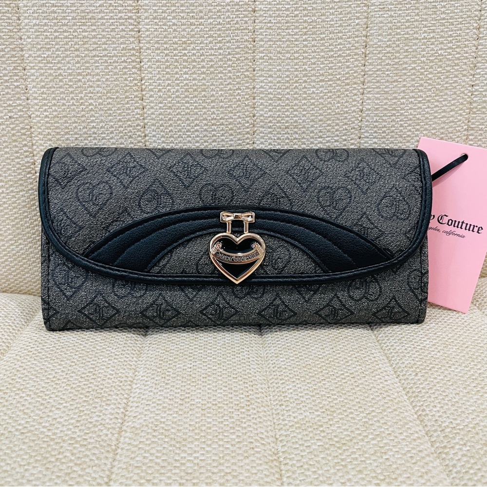 NEW Juicy Couture Monogram Logo Slim Clutch Wallet Charcoal Black Heart Charm